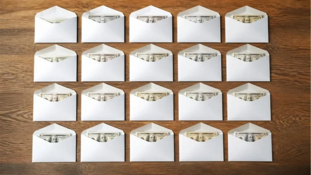 Envelopes filled with cash for the 10k savings challenge