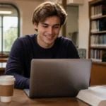 Best side hustles for college students - student earning money online on a laptop in the library