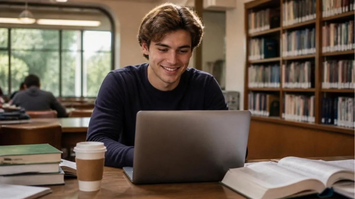 Best side hustles for college students - student earning money online on a laptop in the library