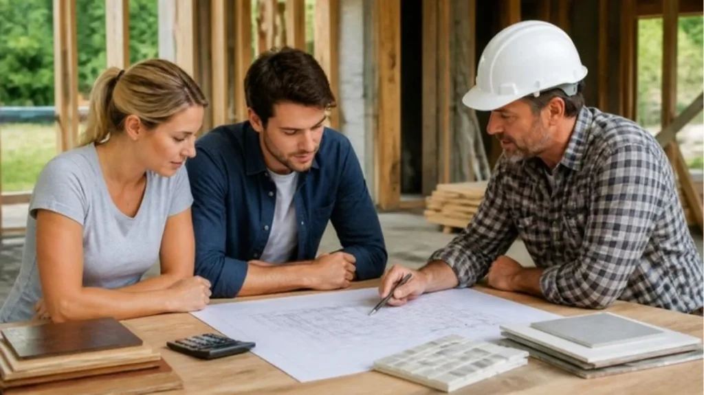 Couple reviewing blueprints with a builder to plan how to save money when building a house
