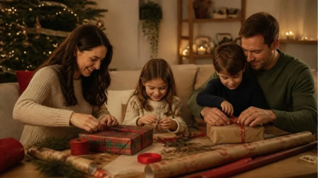 Family wrapping holiday gifts paid for with sinking funds
