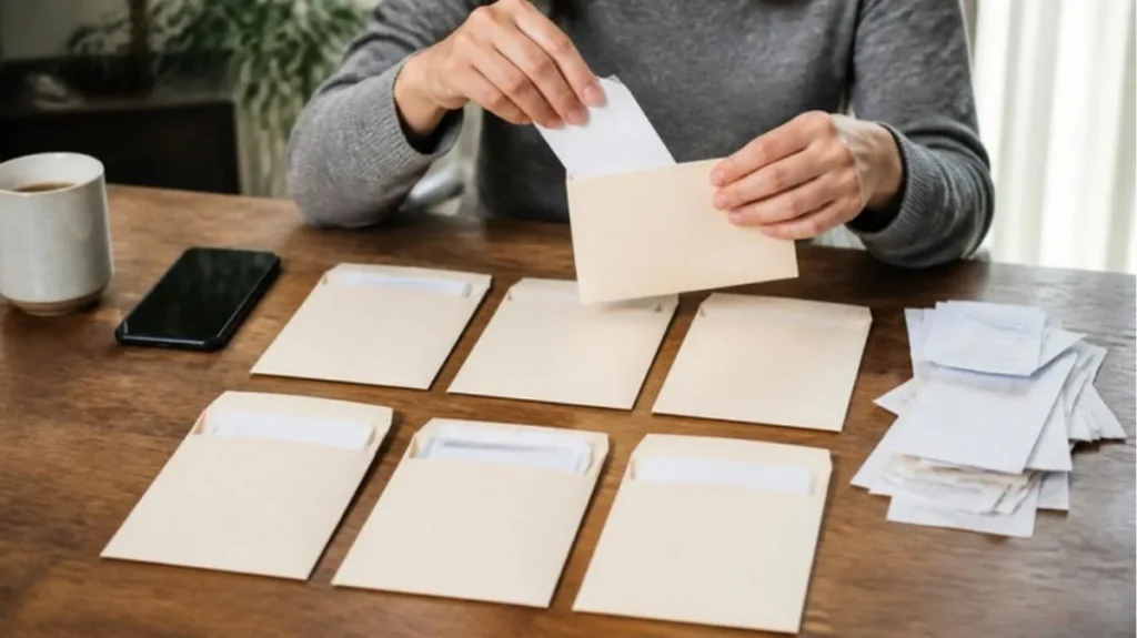 Sorting bills into envelopes to budget a paycheck and stop living paycheck to paycheck