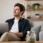 How to build an emergency fund - relaxed man at home with a jar of savings