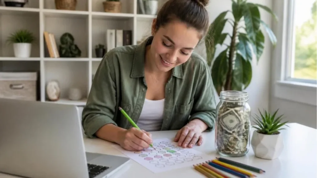 How to save 10k in a year - woman tracking her savings progress next to a jar of cash