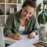 How to save 10k in a year - woman tracking her savings progress next to a jar of cash