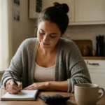 How to save money on a low income - woman writing a simple budget at her kitchen table