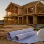 How to save money when building a house - new home frame under construction with blueprints and hard hat