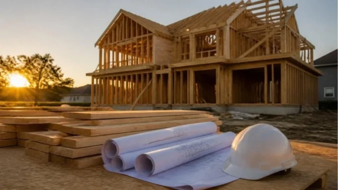 How to save money when building a house - new home frame under construction with blueprints and hard hat