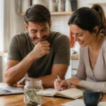 How to stop living paycheck to paycheck - couple planning their monthly budget at the kitchen table
