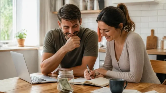 How to stop living paycheck to paycheck - couple planning their monthly budget at the kitchen table