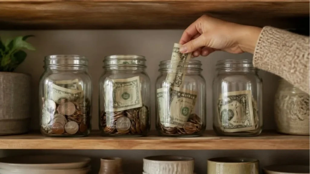 Sinking funds - glass jars of saved cash for planned expenses