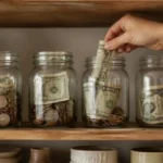 Sinking funds - glass jars of saved cash for planned expenses