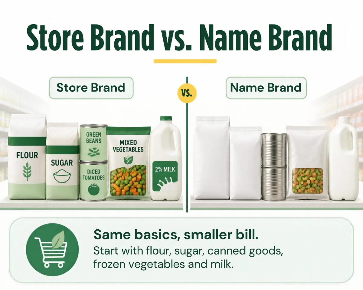 Store brand vs name brand groceries to save money on groceries